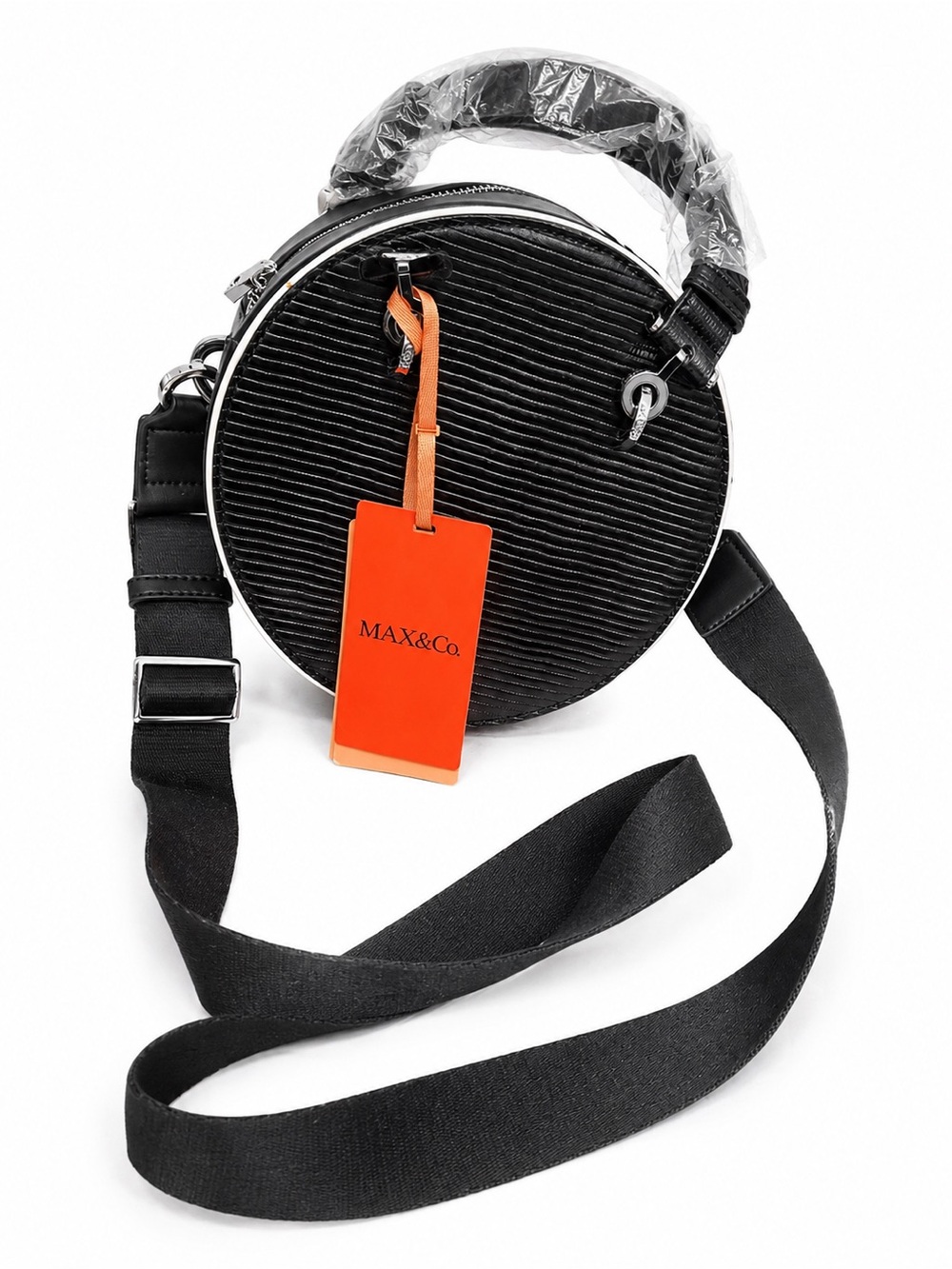 MAX&Co. Dot Round Bag Black Crossbody Handbag Top Handle NWT Removable Strap